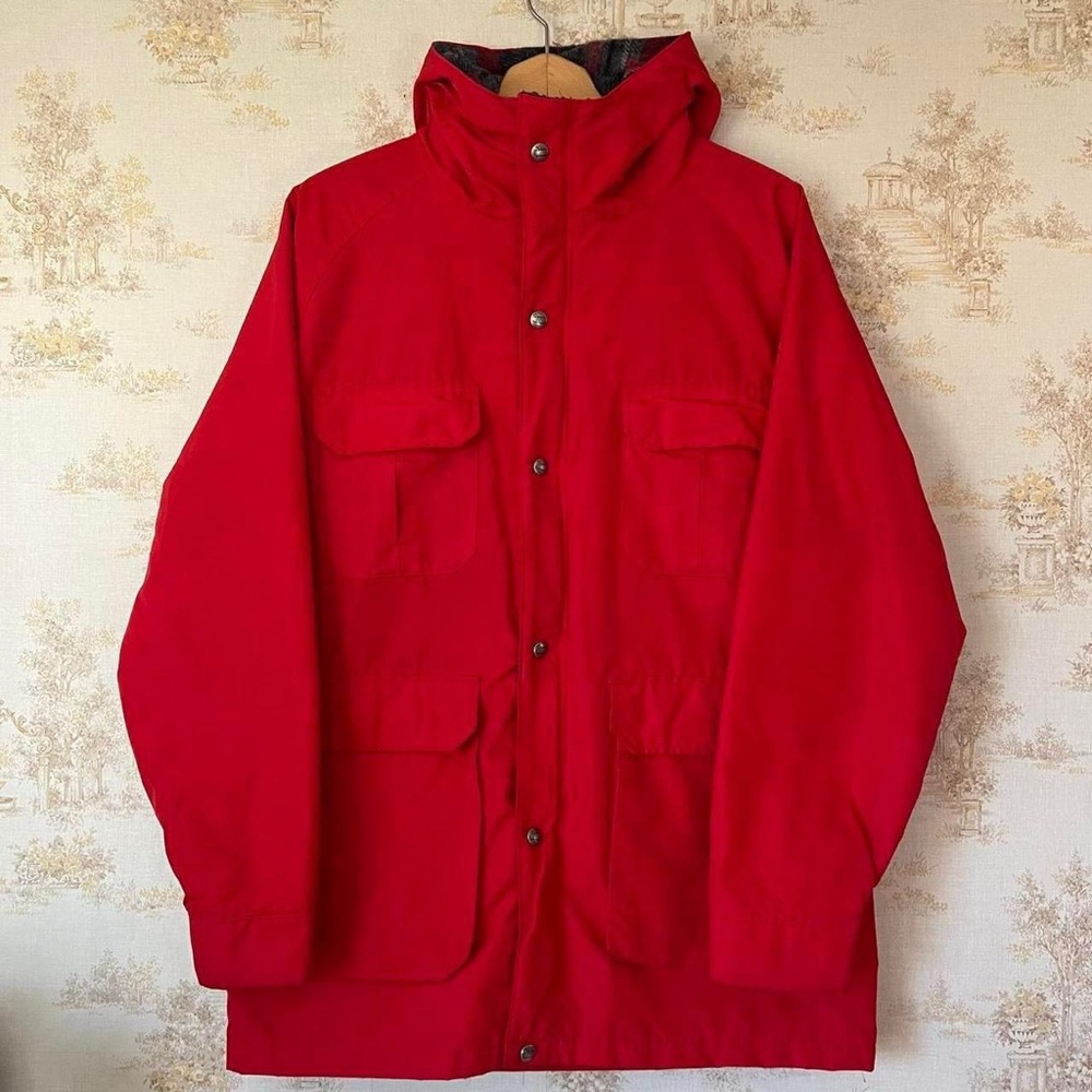 Vintage 90s Woolrich red plaid wool flannel lined rain coat jacket made in USA L